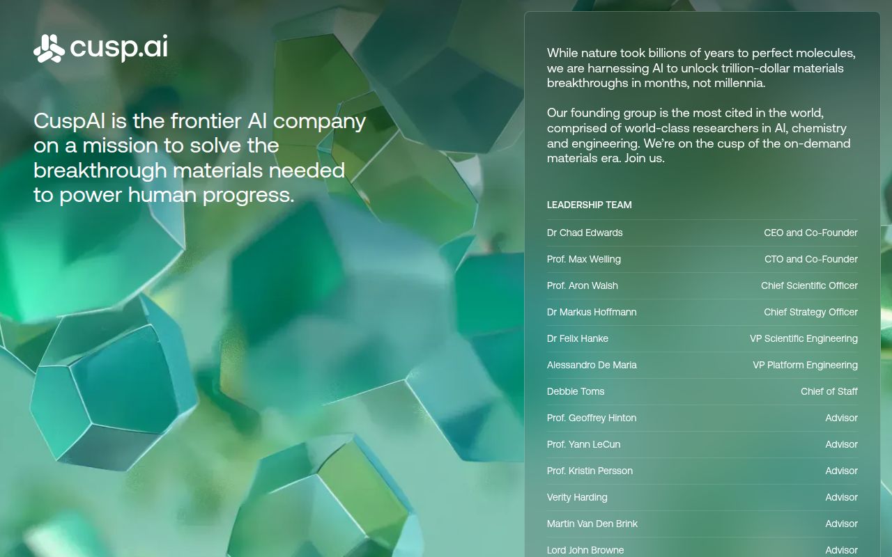 Screenshot of CuspAI (cusp.ai) — Frontier AI for breakthrough materials