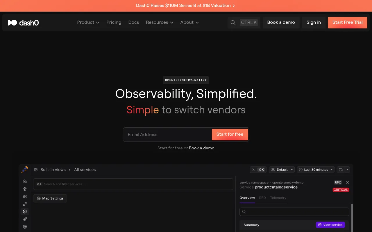 Screenshot of Dash0 (dash0.com) — AI-native observability platform