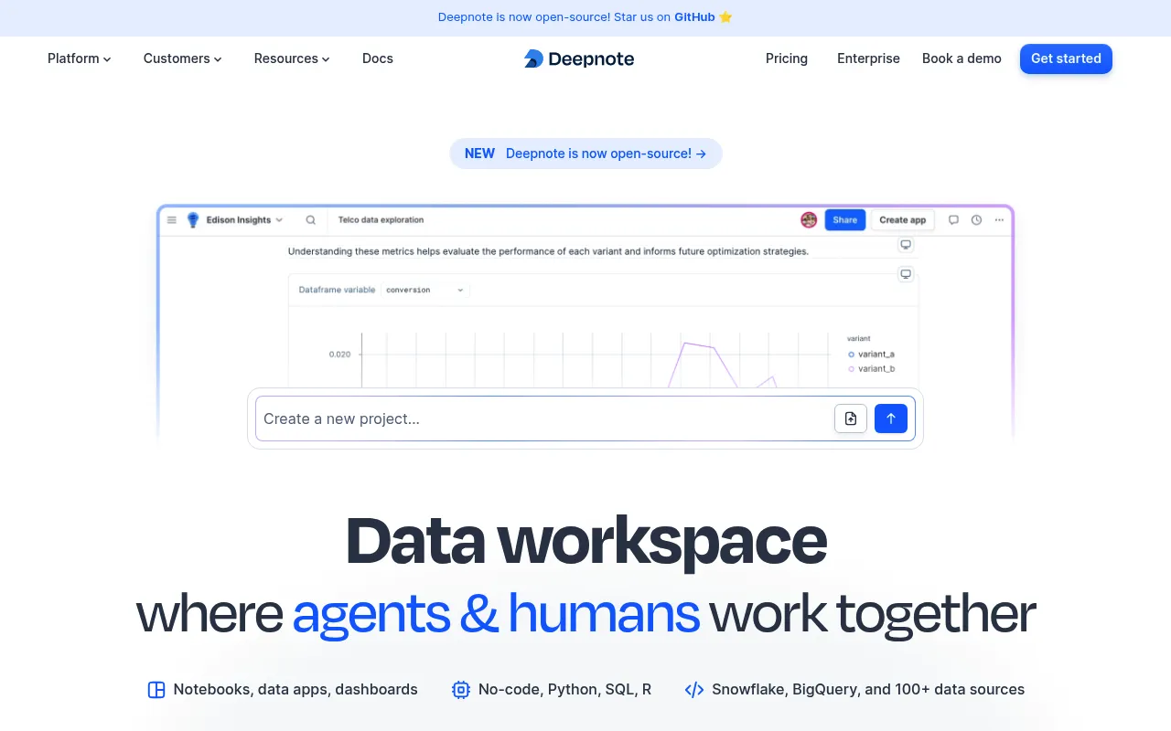 Screenshot of Deepnote (deepnote.com) — The AI-powered data workspace