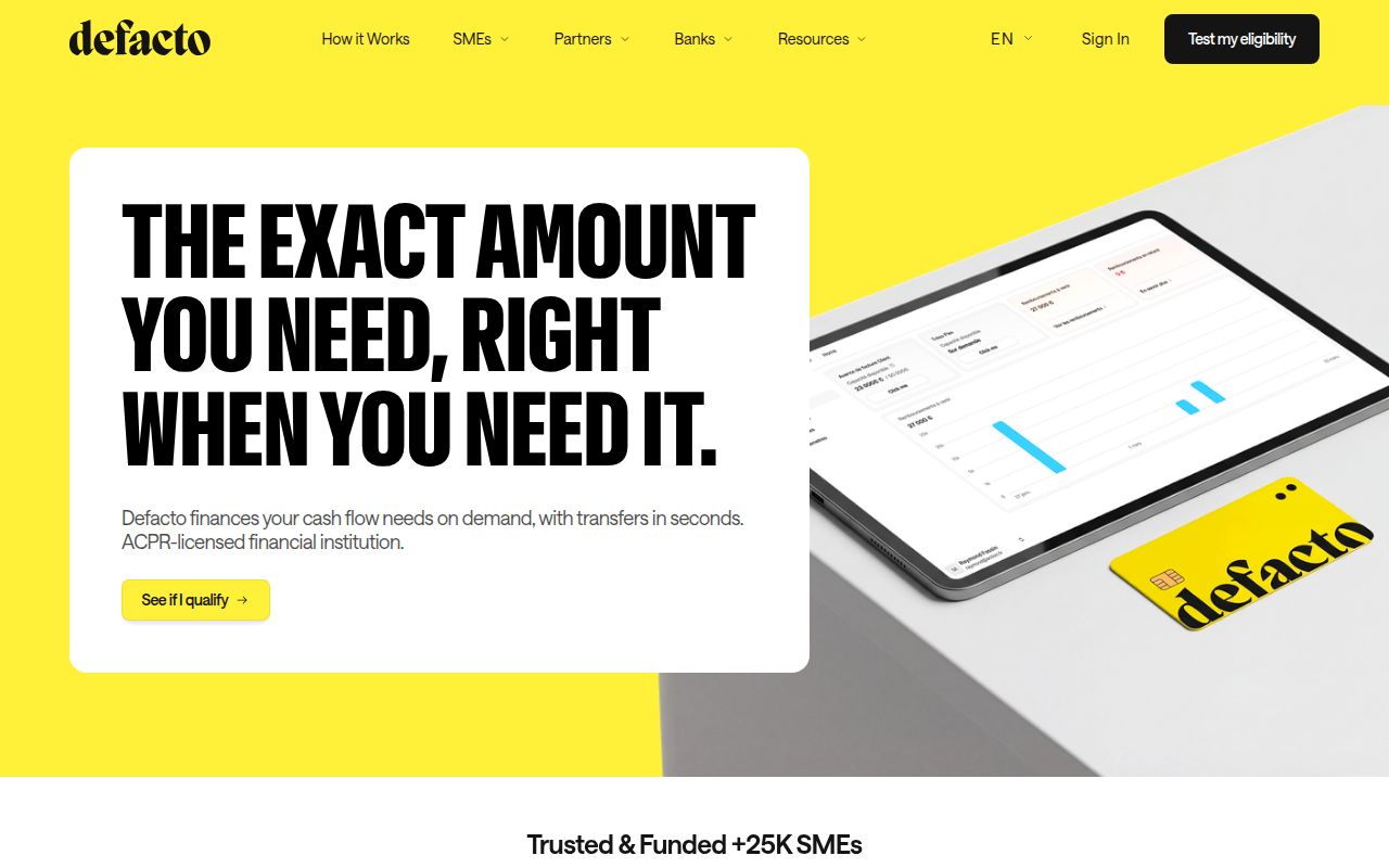 Screenshot of Defacto (getdefacto.com) — B2B lending platform