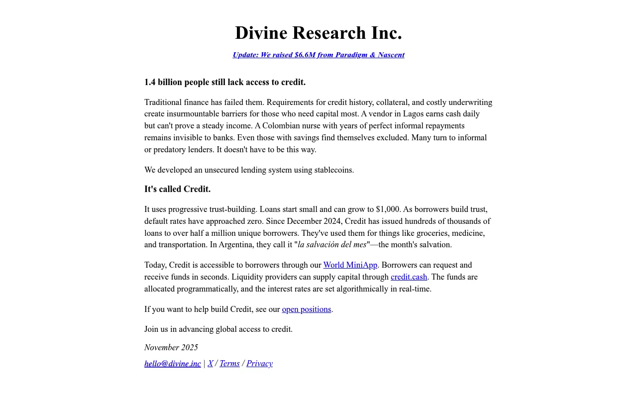 Screenshot of Divine (divine.inc) — Undercollateralized lending system