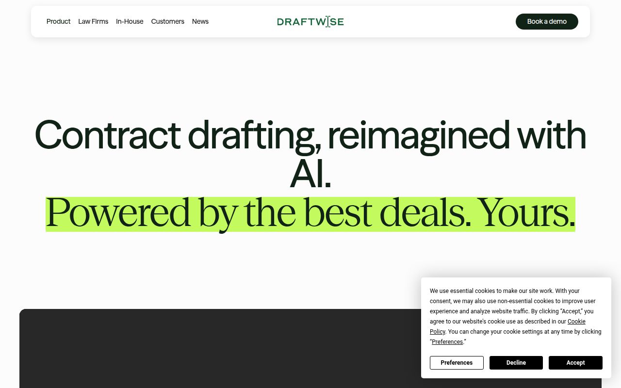 Screenshot of Draftwise (draftwise.com) — Contract drafting, reimagined with AI