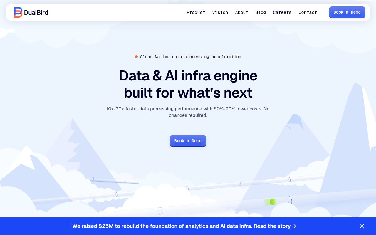 Screenshot of DualBird (dualbird.io) — Data &amp; AI infra engine