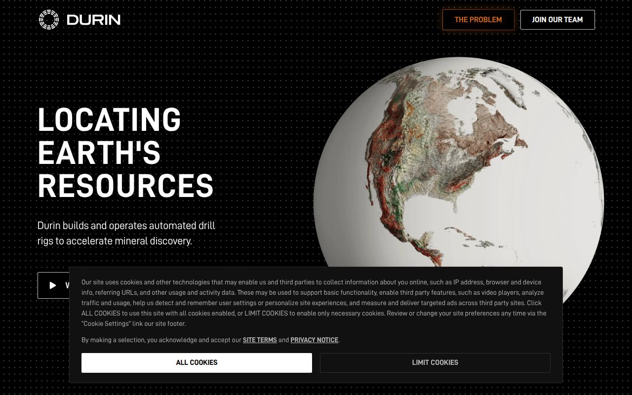 Screenshot of Durin (durin.com) — Accelerating mineral discovery