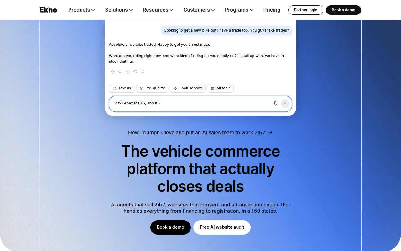Screenshot of Ekho (ekho.com) — End-to-end vehicle commerce platform