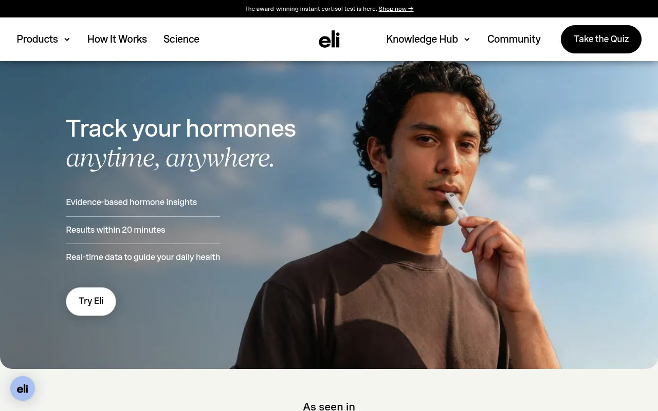 Screenshot of Eli Health (eli.health) — The first at-home instant hormone testing