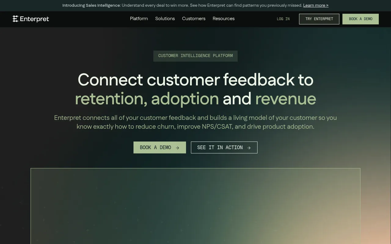Screenshot of Enterpret (enterpret.com) — AI voice of customer software