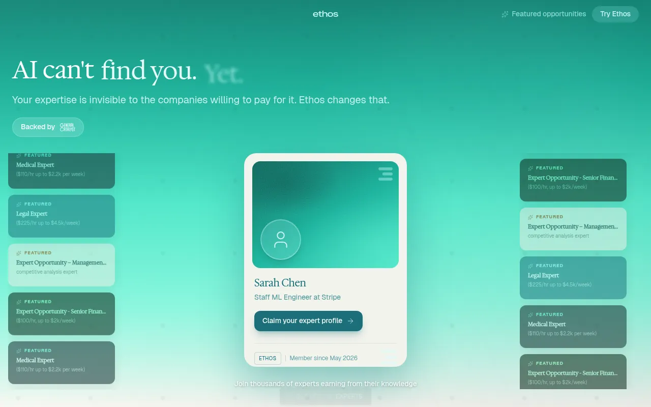 Screenshot of Ethos (askethos.com) — Find experts, fast