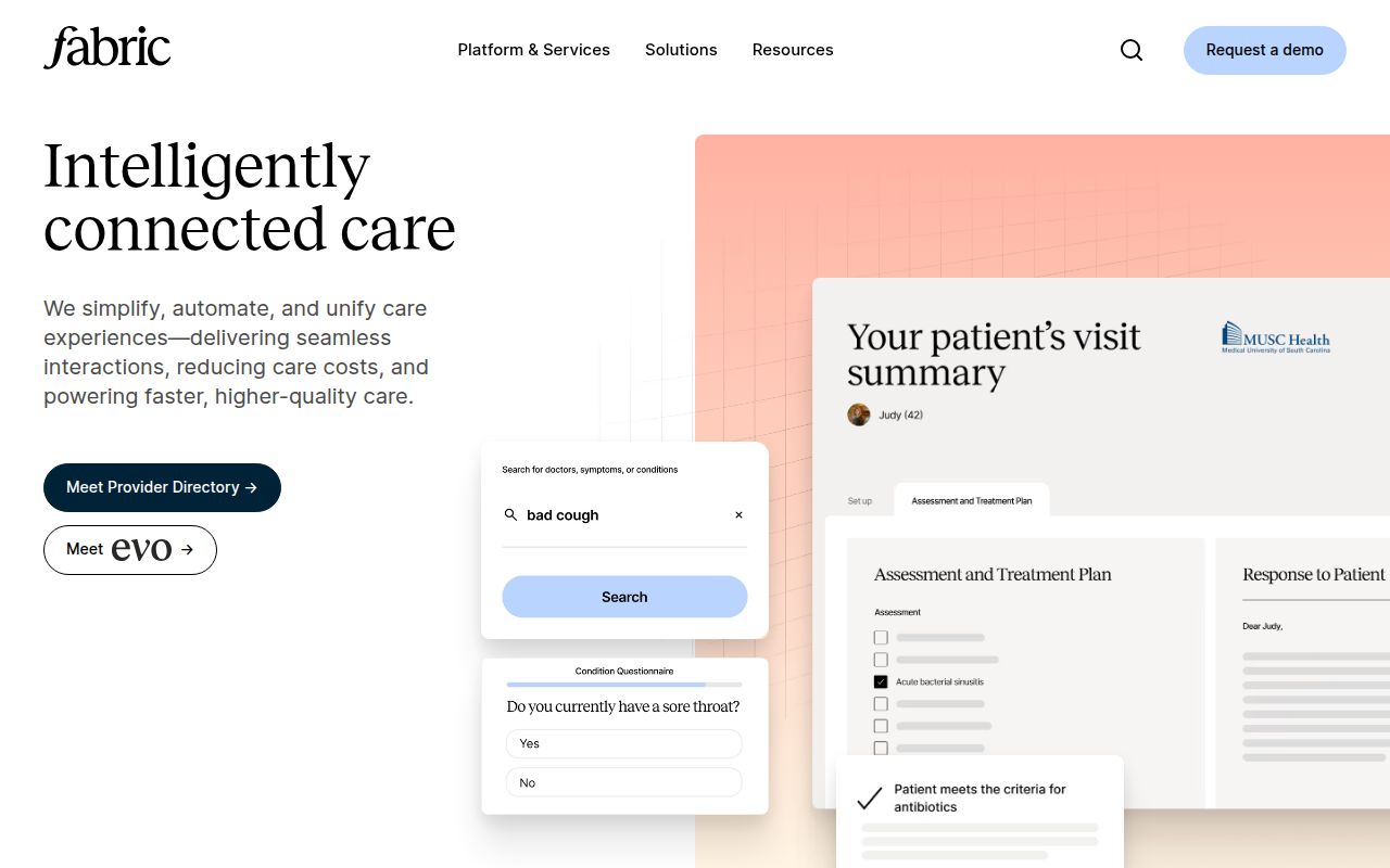 Screenshot of Fabric (fabrichealth.com) — Intelligently connected care