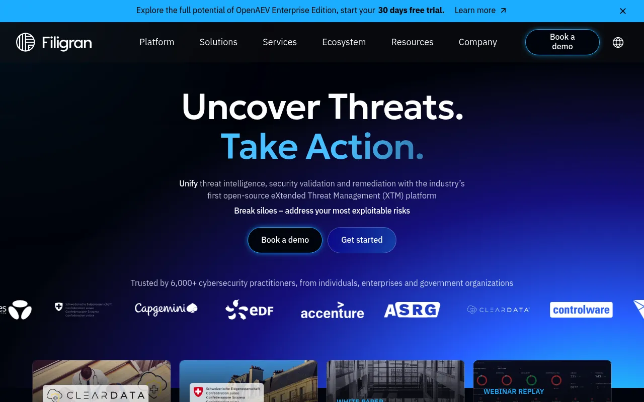 Screenshot of Filigran (filigran.io) — End-to-end cyber threat platform