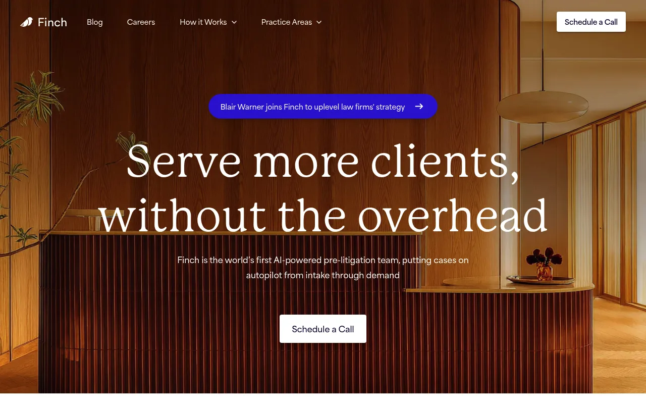 Screenshot of Finch (Legal) (finchlegal.com) — Pre-litigation, automated