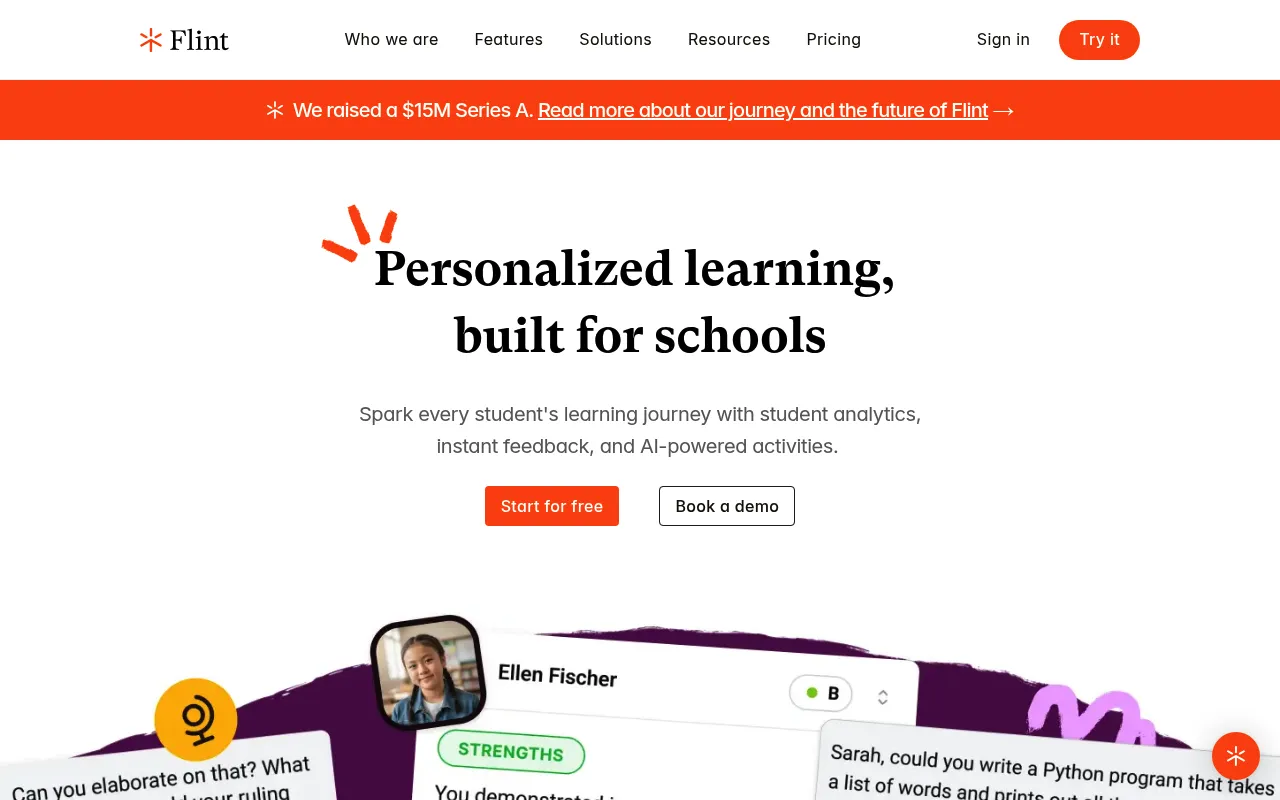 Screenshot of Flint (K12) (flintk12.com) — Personalized learning, built for schools