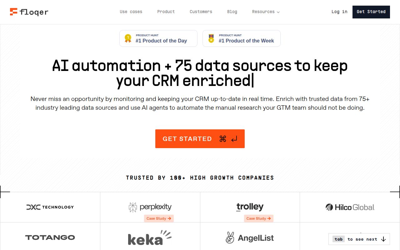 Screenshot of Floqer (floqer.com) — The CRM data engine