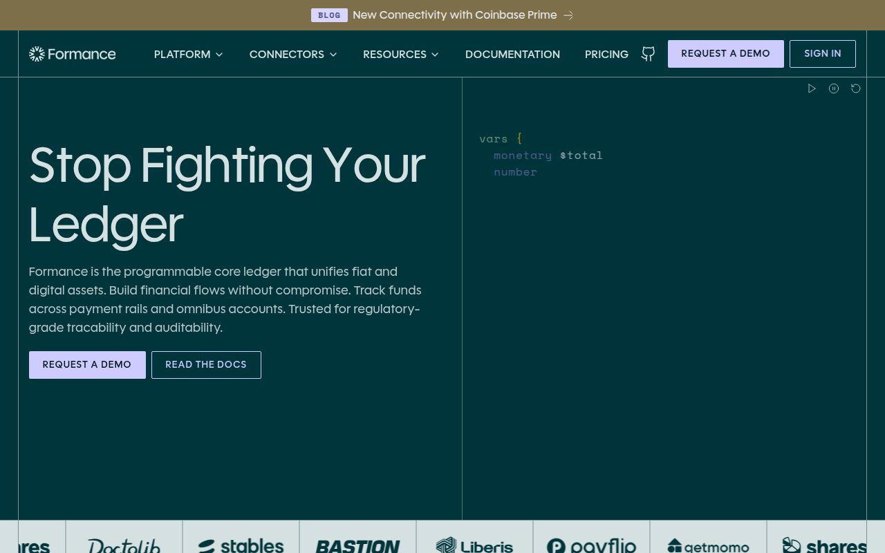 Screenshot of Formance (formance.com) — Open source financial infrastructure