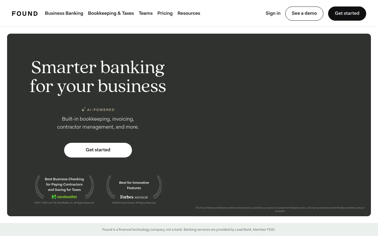 Screenshot of Found (found.com) — Banking for the self-employed