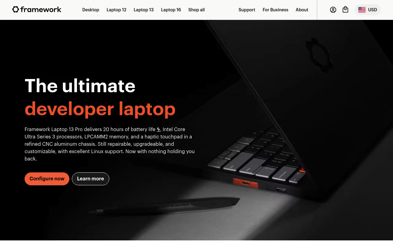 Screenshot of Framework (frame.work) — Consumer electronics to respect people and the planet