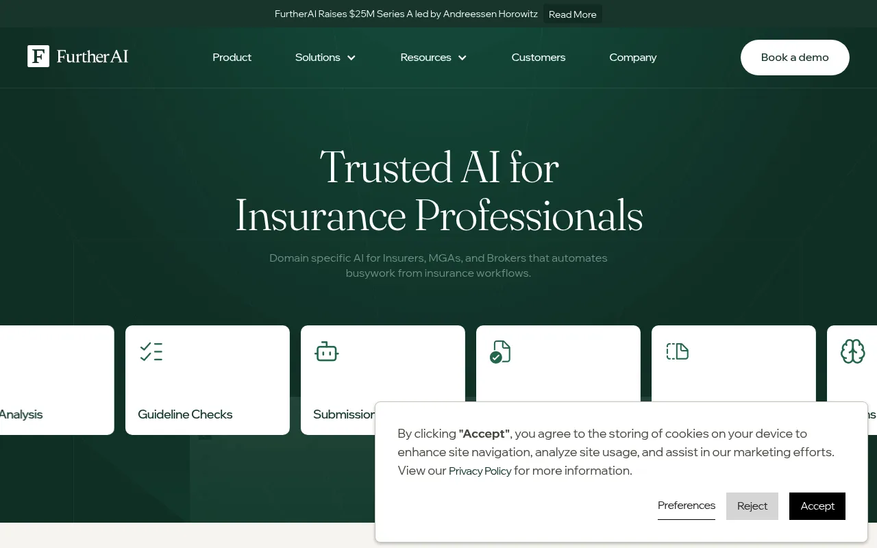 Screenshot of FurtherAI (furtherai.com) — Domain-specific AI for insurance