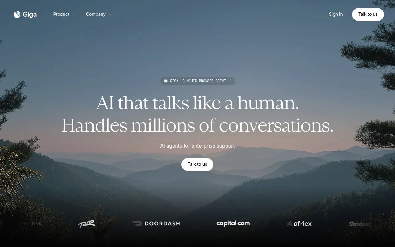Screenshot of GigaML (gigaml.com) — Voice AI agents for B2C companies