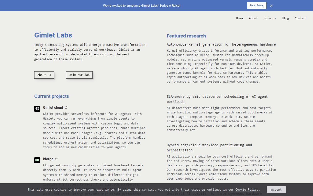 Screenshot of Gimlet Labs (gimletlabs.ai) — Applied AI research lab