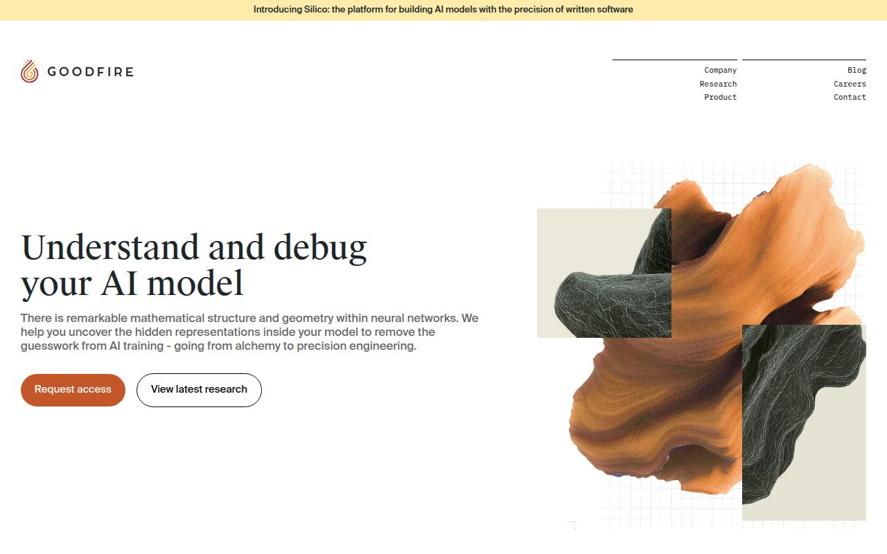 Screenshot of Goodfire (goodfire.ai) — Advancing AI interpretability research
