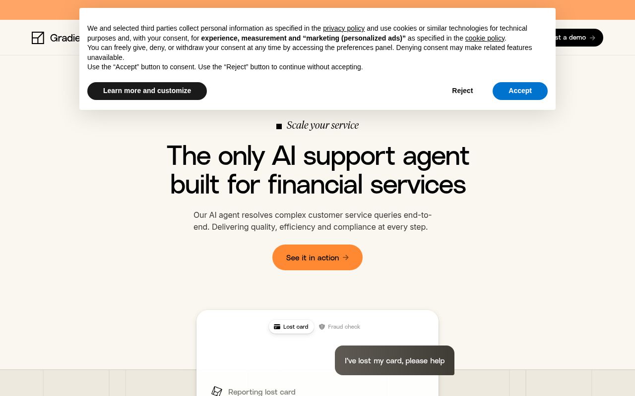 Screenshot of Gradient Labs (gradient-labs.ai) — AI customer support purpose-built for finance
