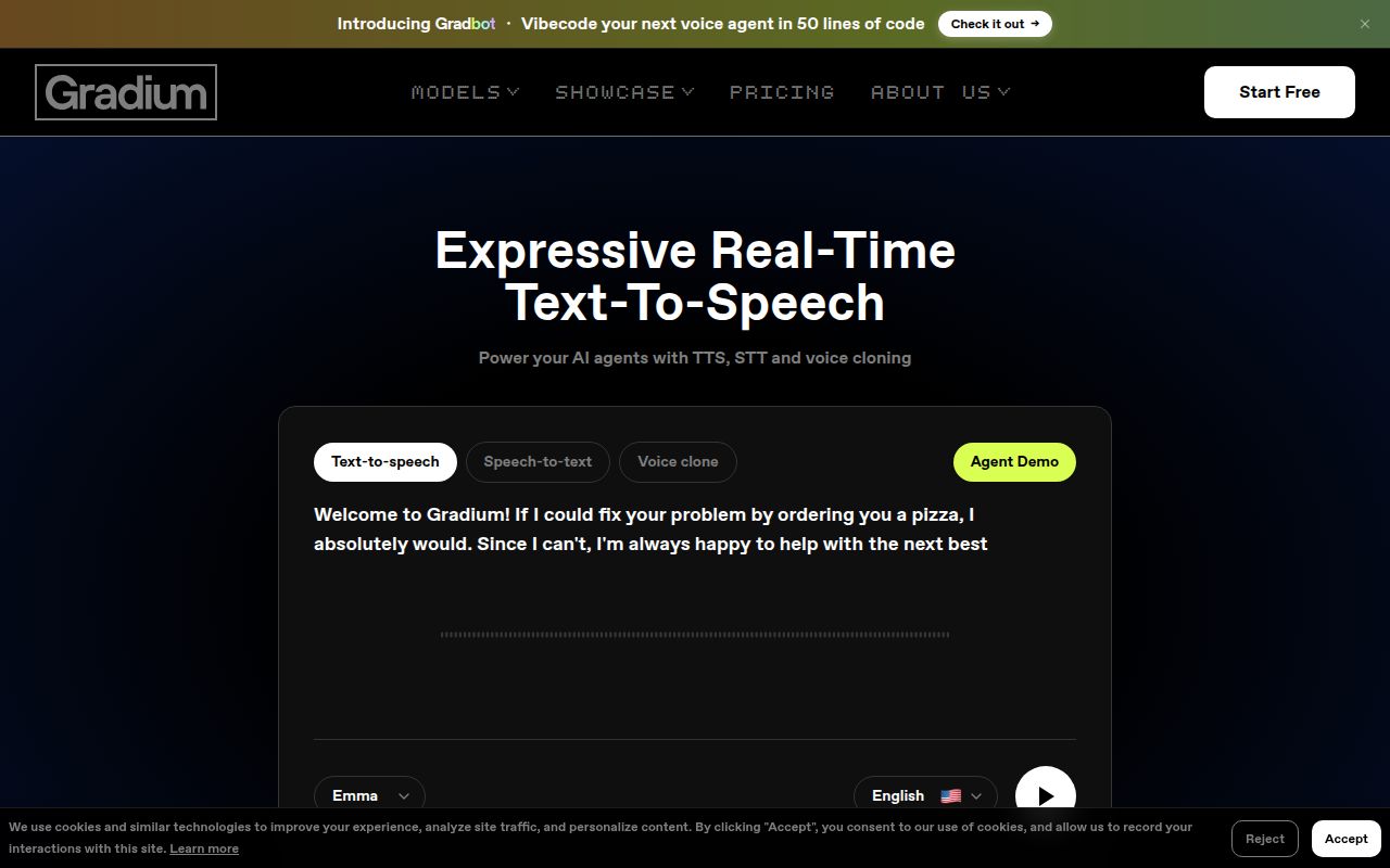 Screenshot of Gradium (gradium.ai) — Ultra-low latency voice AI