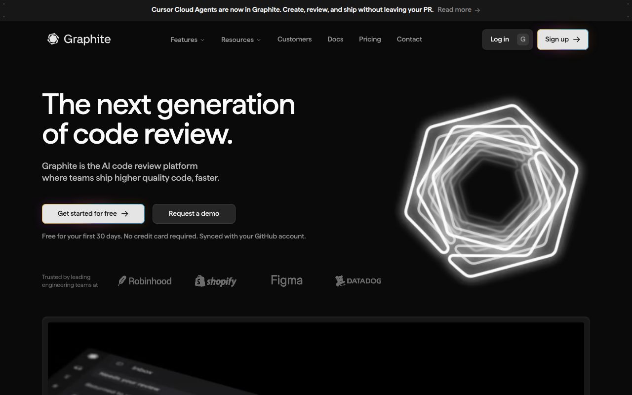 Screenshot of Graphite (acq. by Cursor) (graphite.com) — The developer productivity platform
