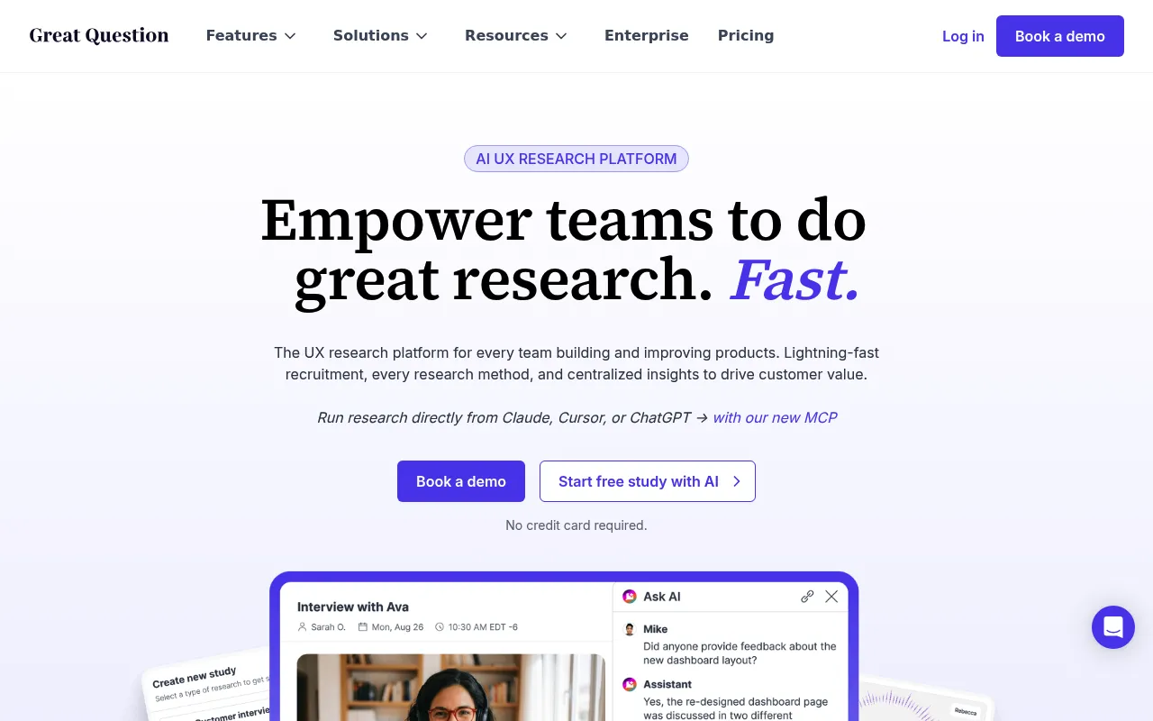 Screenshot of Great Question (greatquestion.co) — All-in-one UX research platform