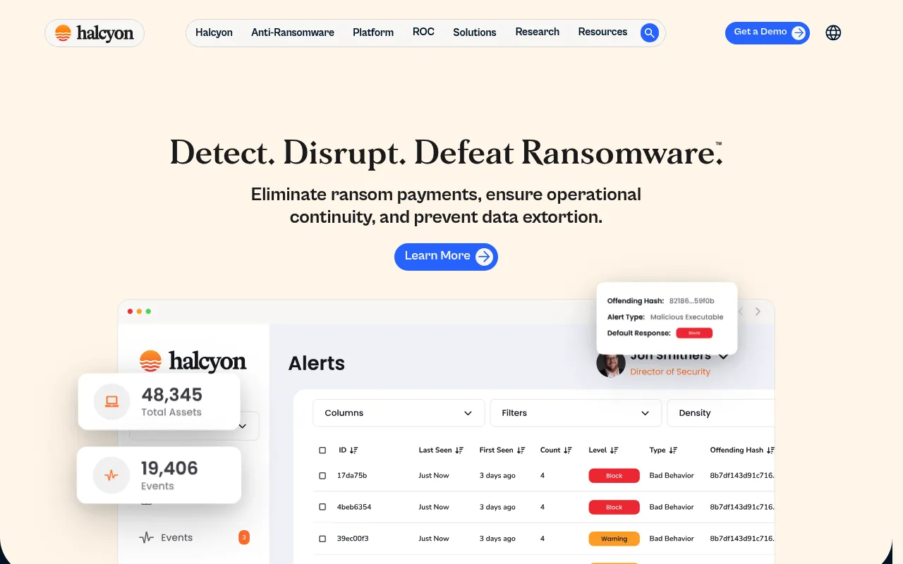 Screenshot of Halycon (halcyon.ai) — Ransomware detection platform