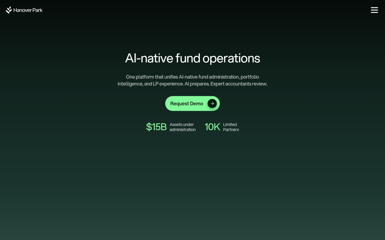 Screenshot of Hanover Park (hanoverpark.com) — The AI-native fund administrator