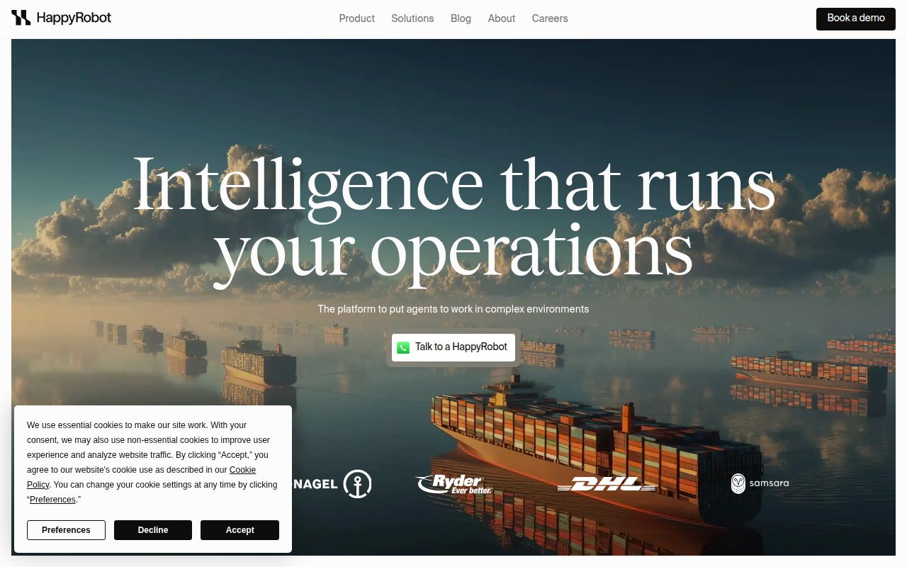 Screenshot of HappyRobot (happyrobot.ai) — AI-native OS for supply chain enterprises