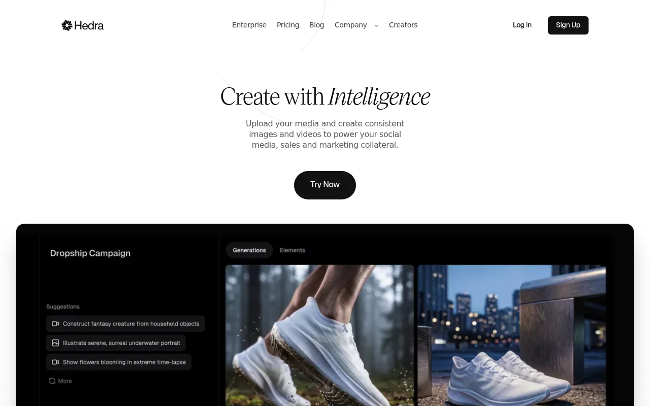 Screenshot of Hedra (hedra.com) — The generative media creation platform