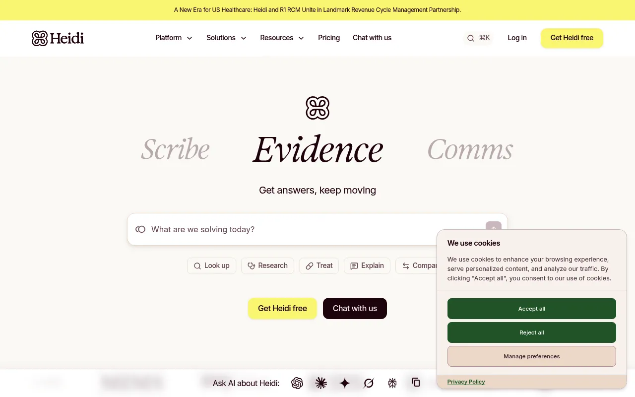 Screenshot of Heidi Health (heidihealth.com) — AI care partner