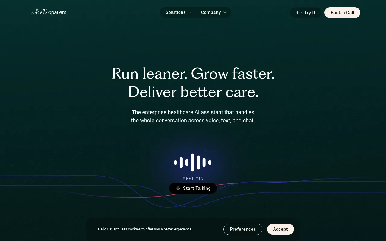 Screenshot of Hello Patient (hellopatient.com) — AI-powered healthcare communication