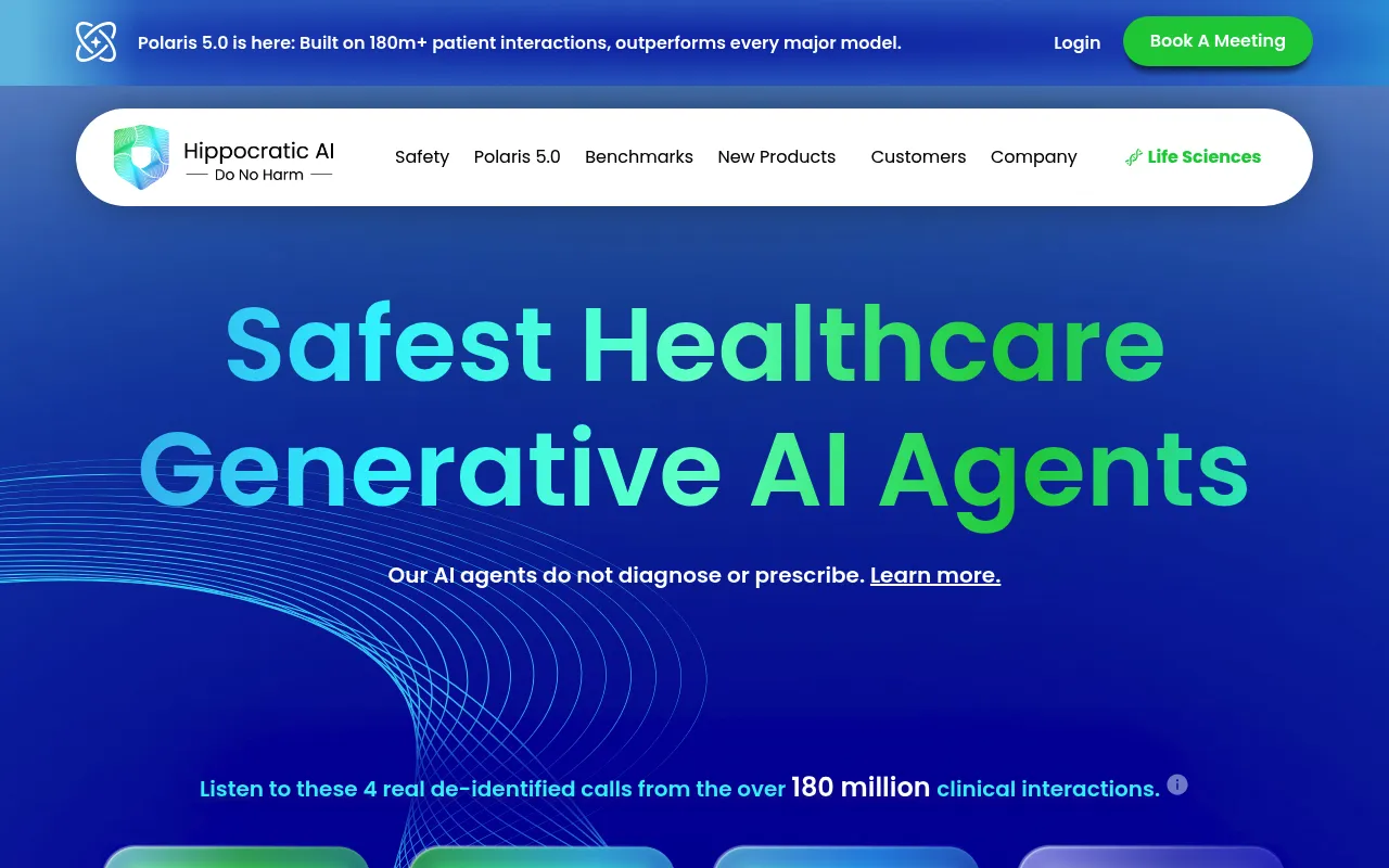 Screenshot of Hippocratic AI (hippocraticai.com) — Generative AI for healthcare