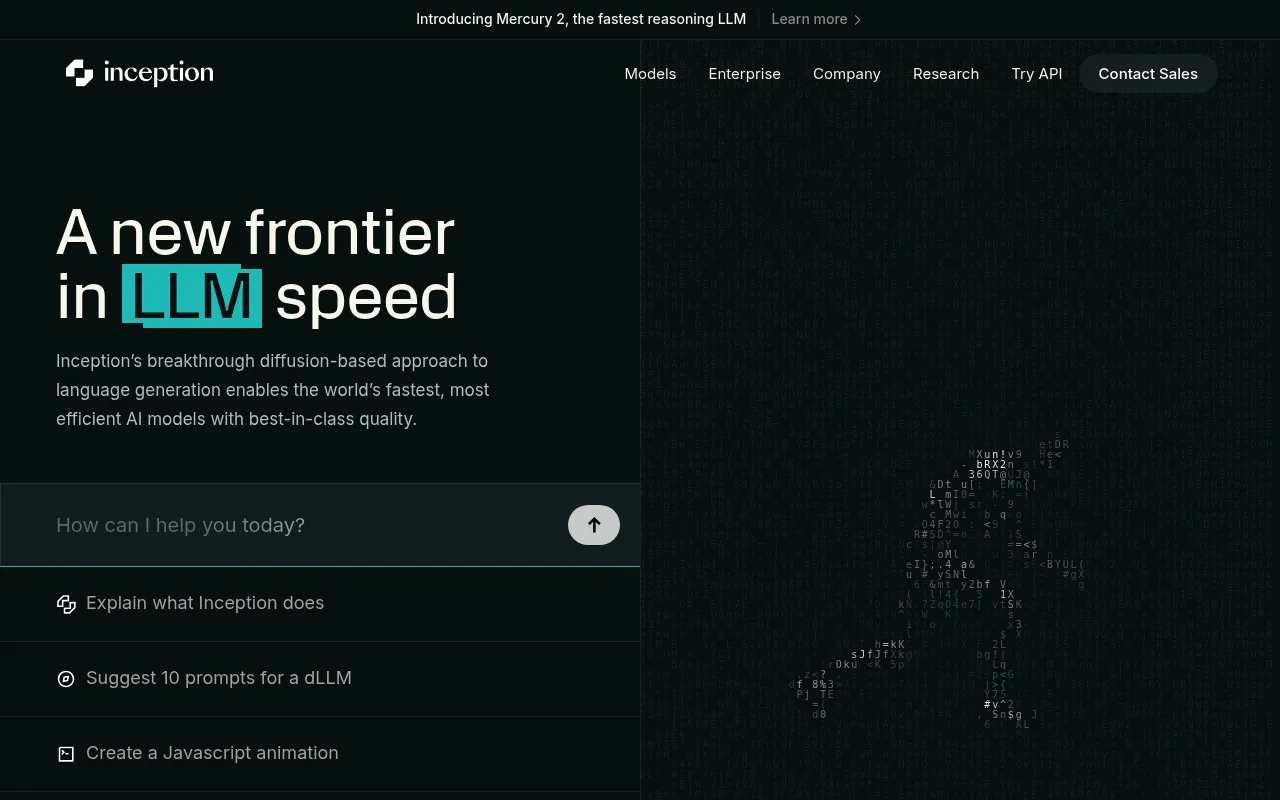 Screenshot of Inception (inceptionlabs.ai) — Pioneering a new generation of LLMs