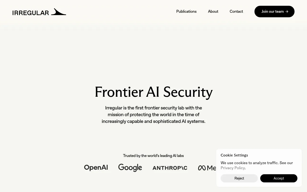 Screenshot of Irregular (irregular.com) — Frontier AI security