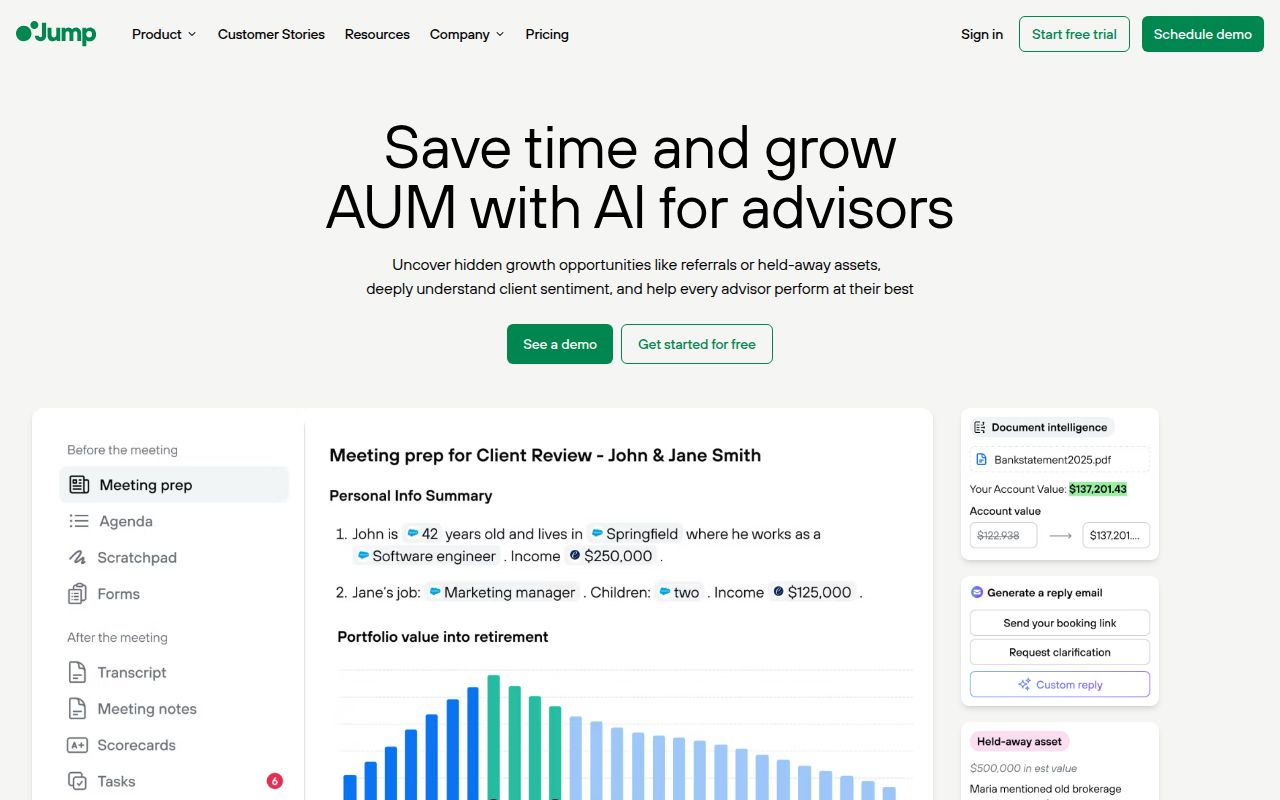 Screenshot of Jump AI (jumpapp.com) — AI notetaking for wealth advisors