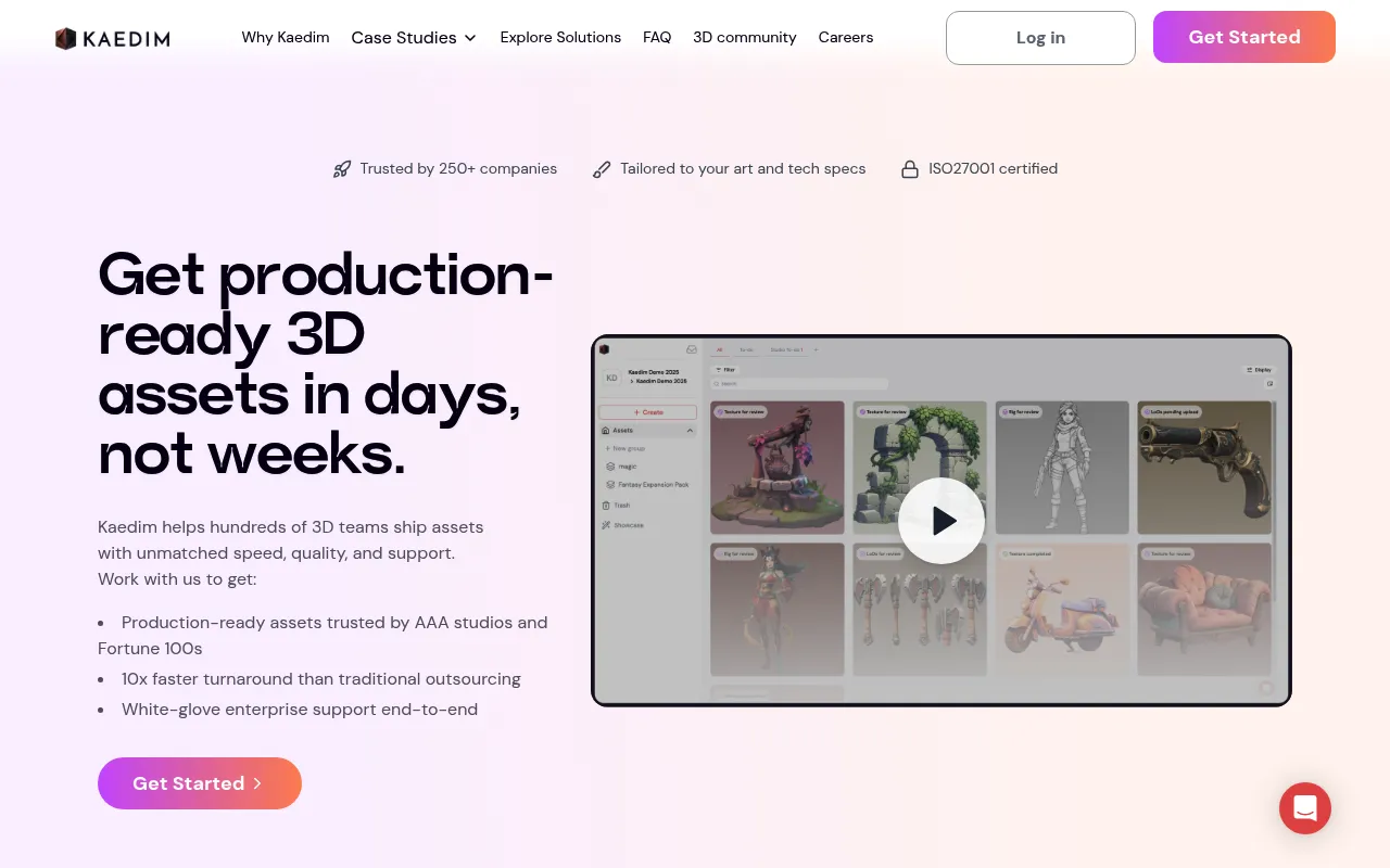 Screenshot of Kaedim (kaedim3d.com) — Production ready on-demand 3D models