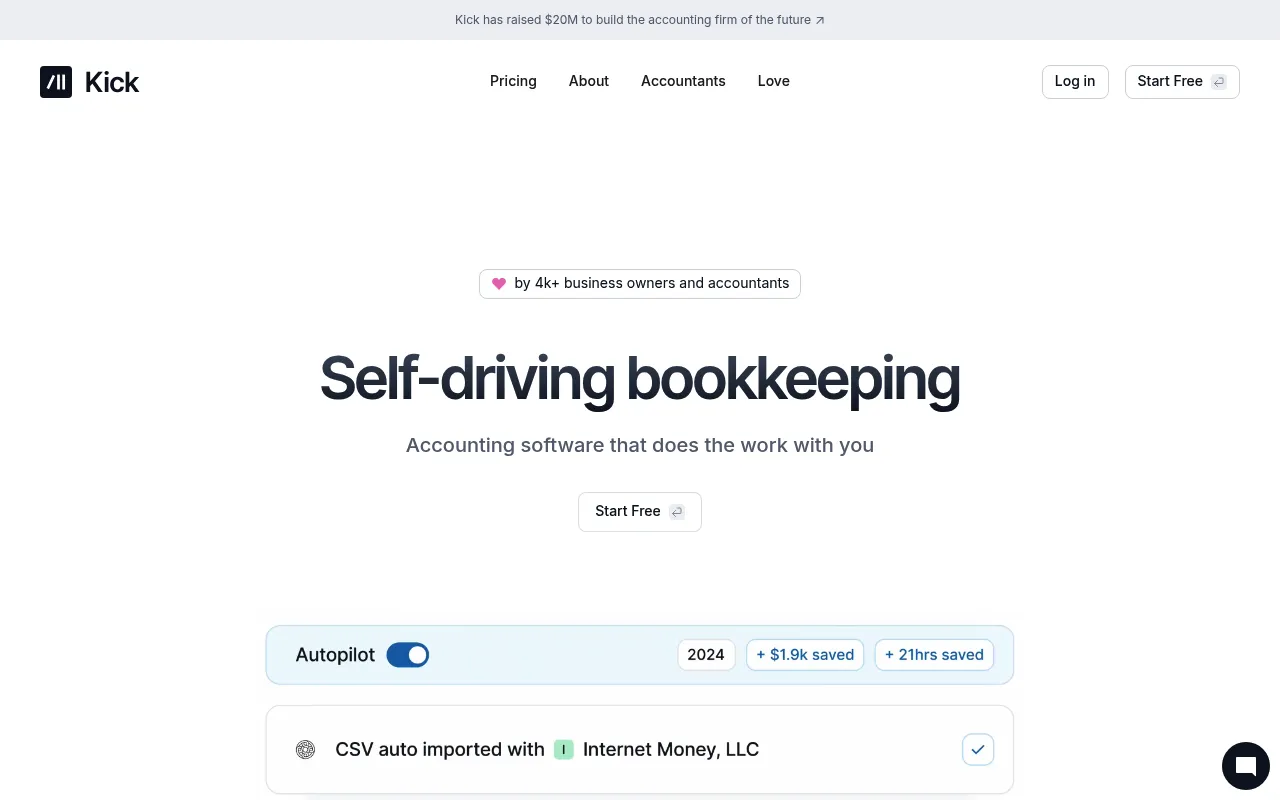 Screenshot of Kick (kick.co) — Modern accounting platform for startups