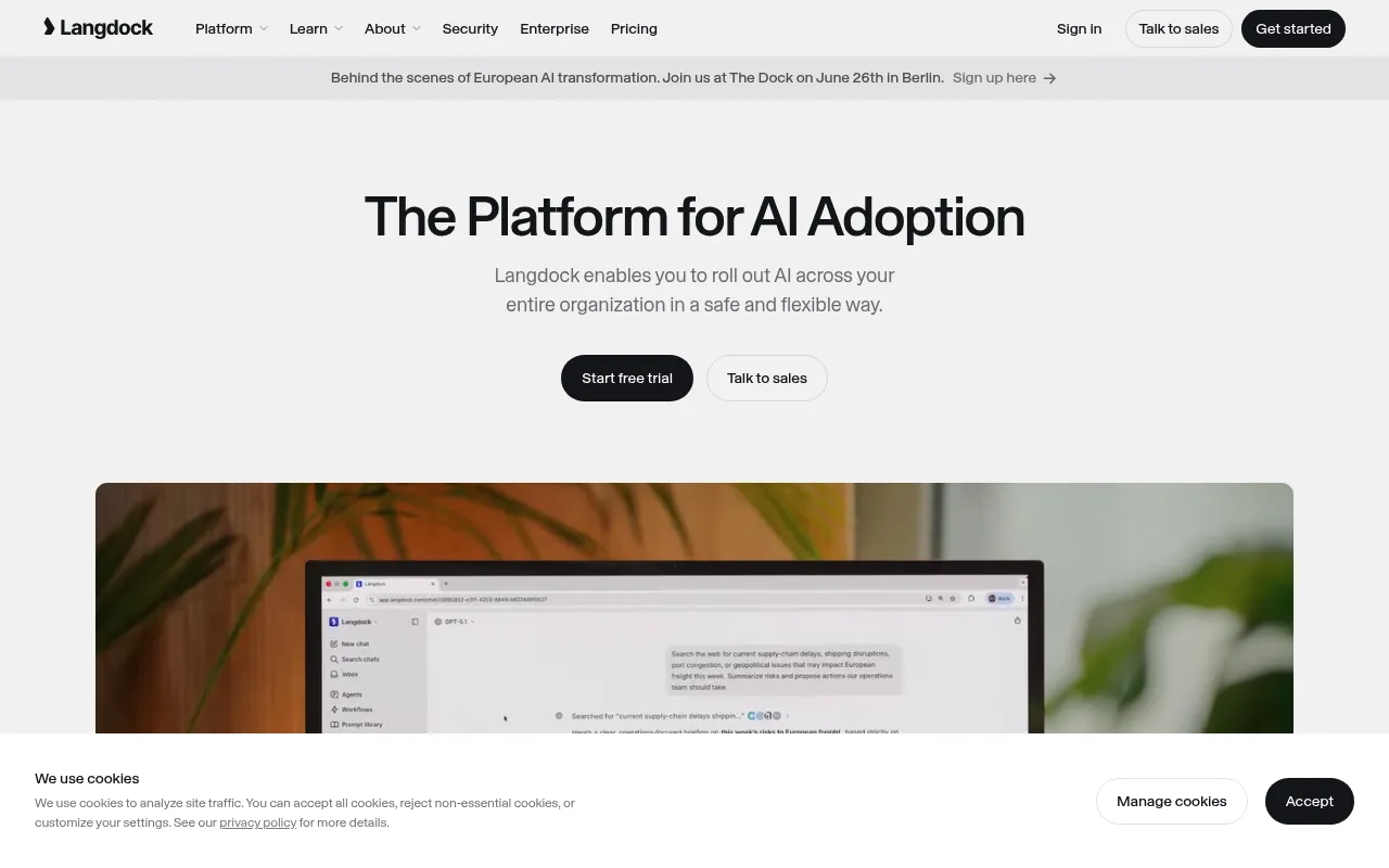 Screenshot of Langdock (langdock.com) — The AI platform for your company