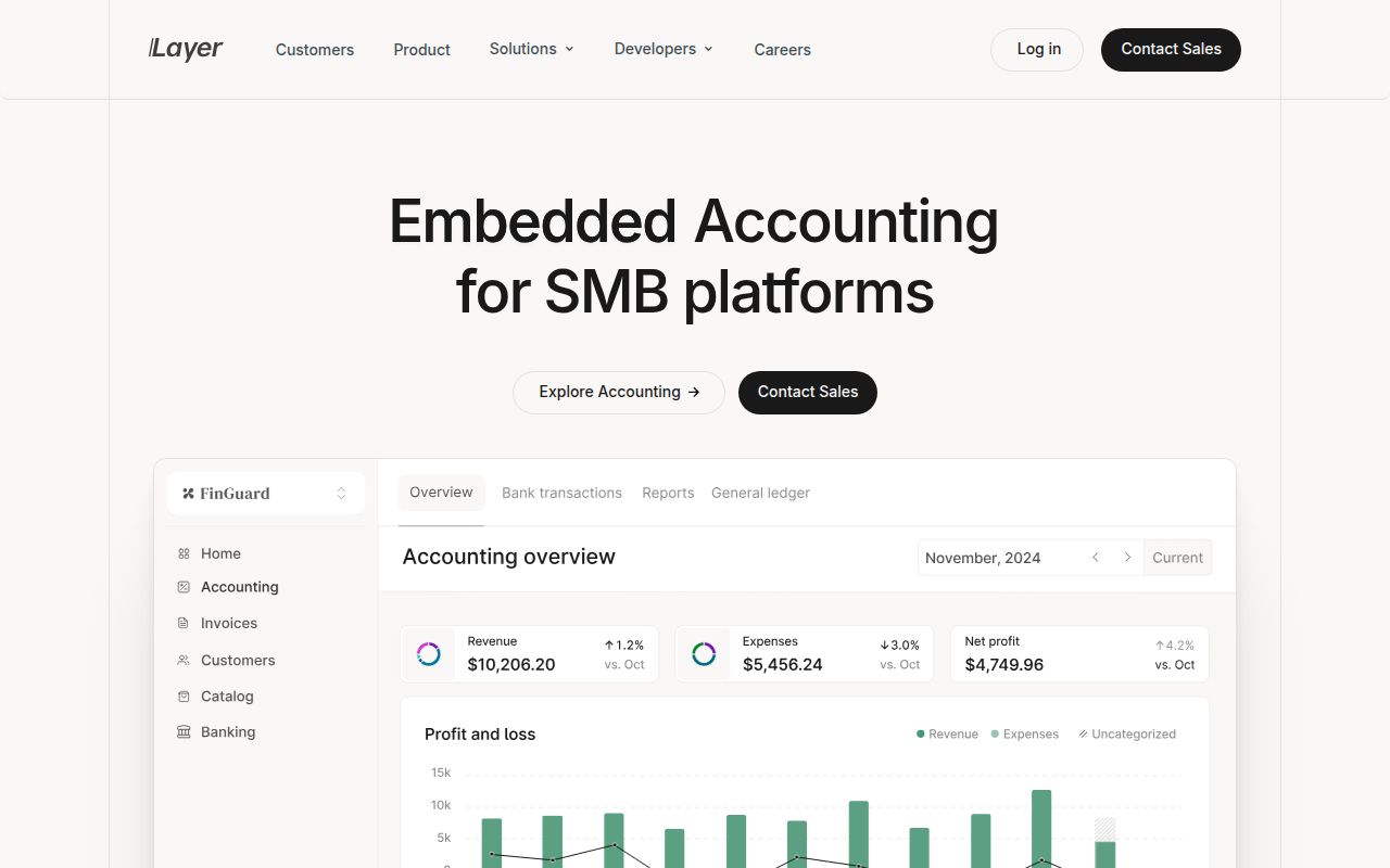 Screenshot of Layer (layerfi.com) — Embedded accounting for SMB platforms