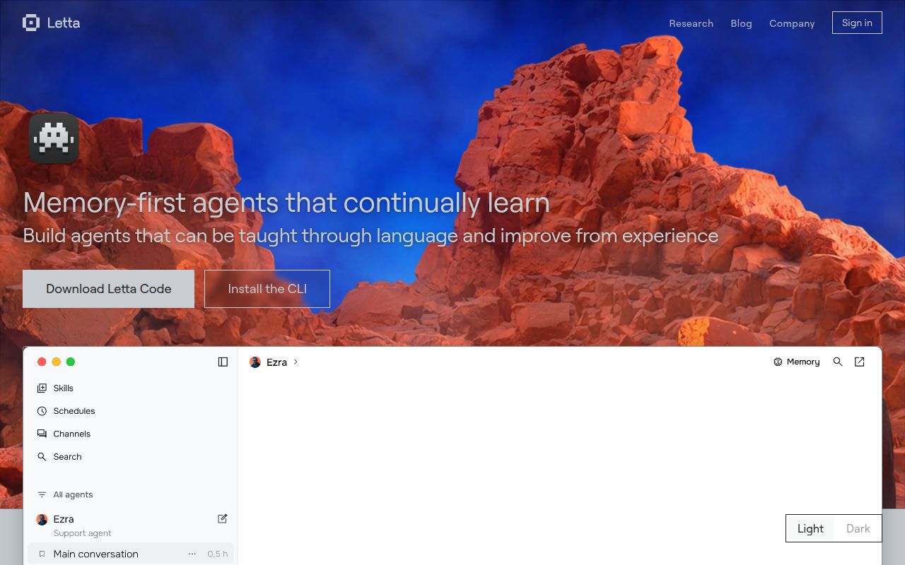 Screenshot of Letta (letta.com) — Stateful agents that remember and learn