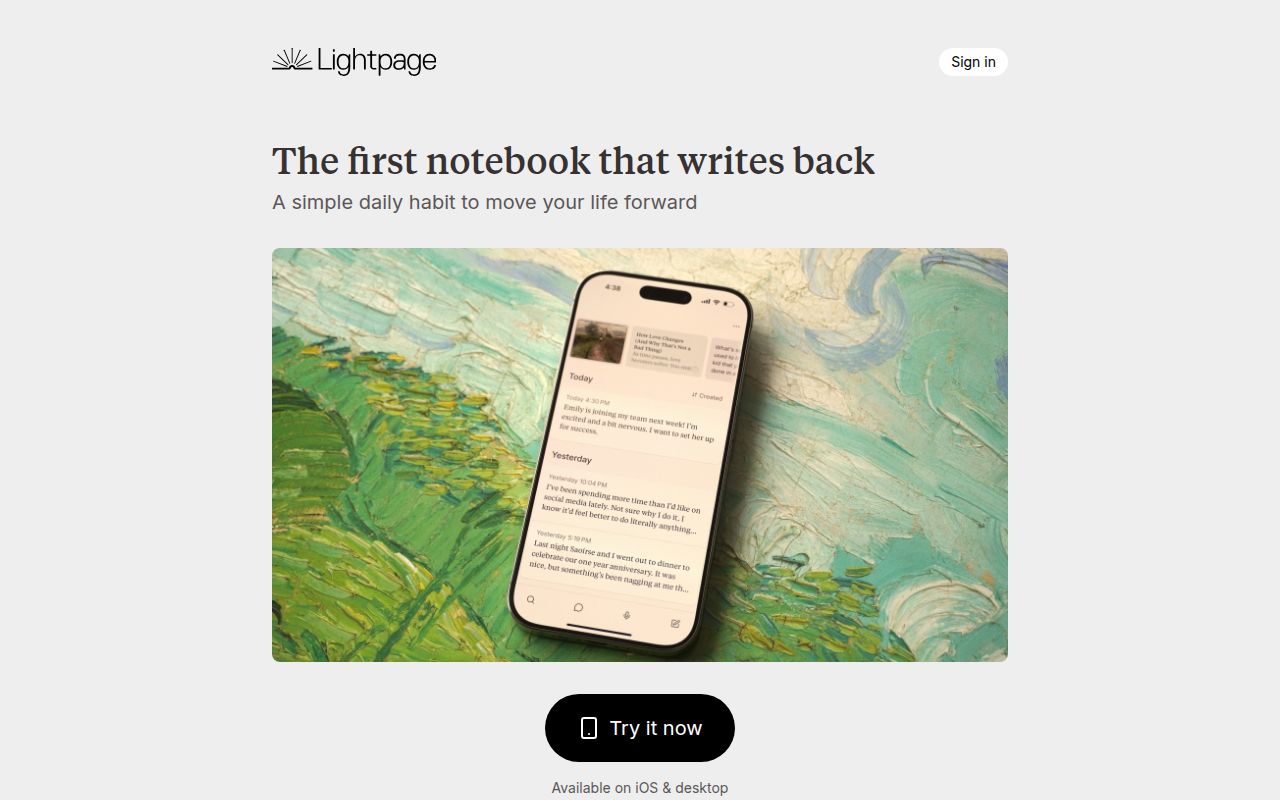 Screenshot of Lightpage (lightpage.com) — A personal notebook that writes back
