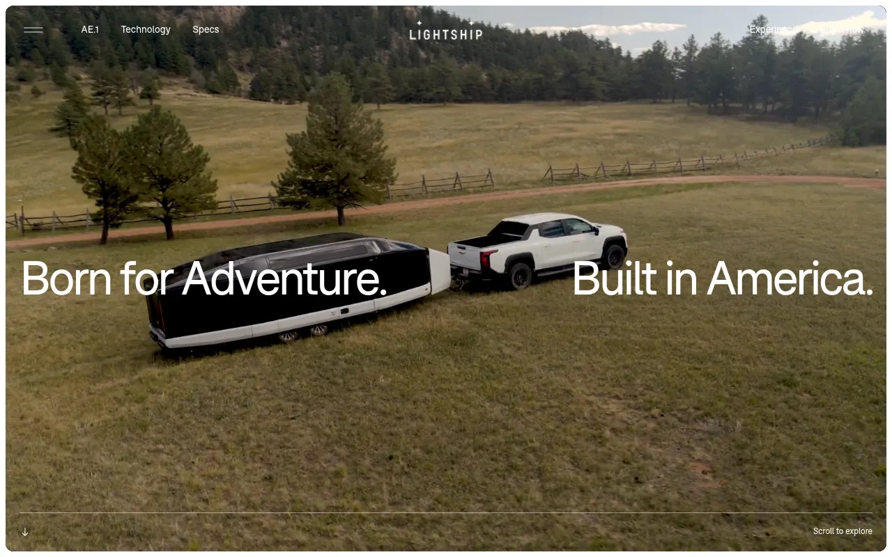 Screenshot of Lightship (lightshiprv.com) — First American all-electric RV