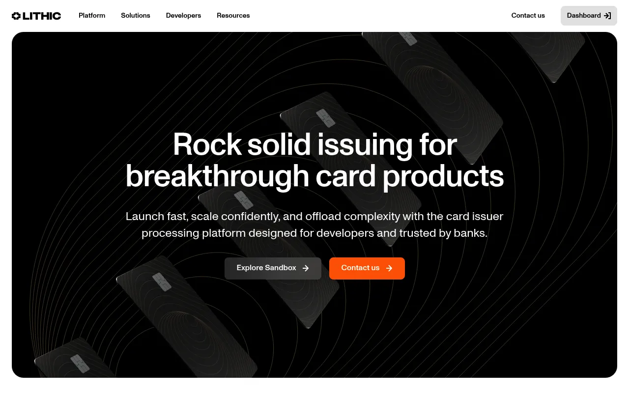 Screenshot of Lithic (lithic.com) — Flexible card issuing for devs
