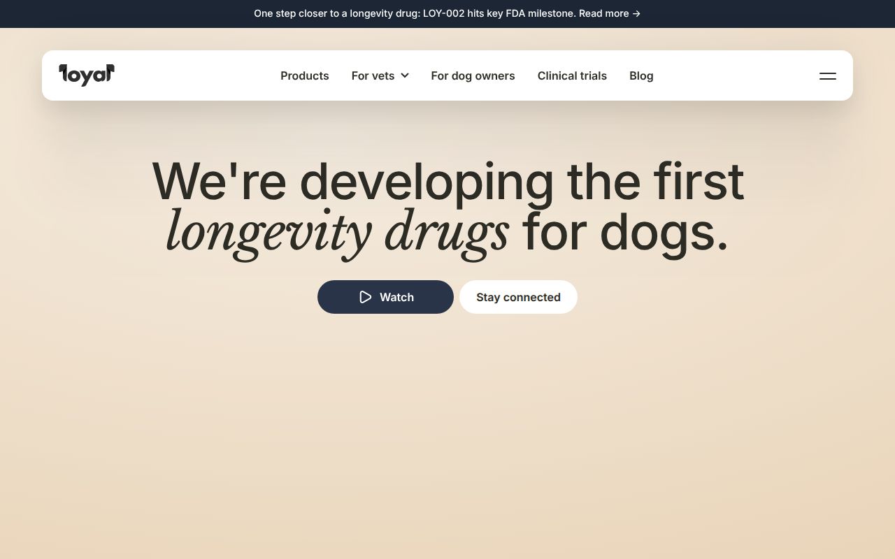 Screenshot of Loyal (loyal.com) — Extending the lifespan of dogs