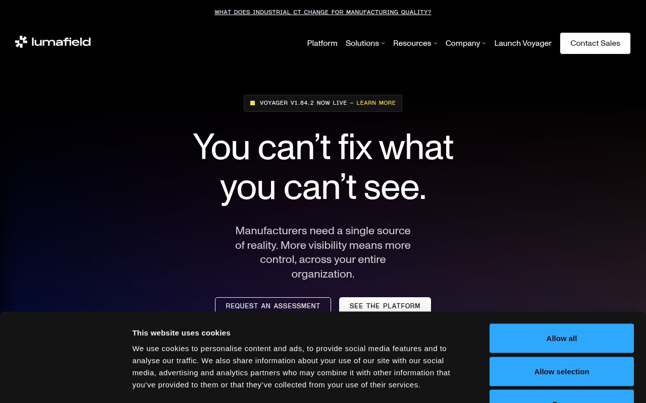 Screenshot of Lumafield (lumafield.com) — Advanced 3D X-ray technology
