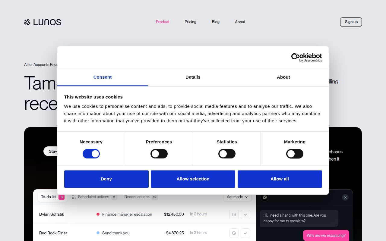 Screenshot of Lunos (lunos.ai) — Tame the wilds of receivables
