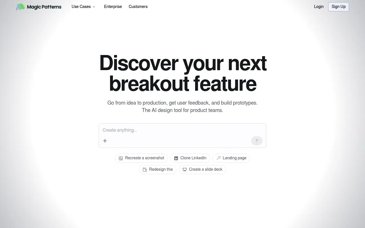 Screenshot of Magic Patterns (magicpatterns.com) — From idea to production, fast